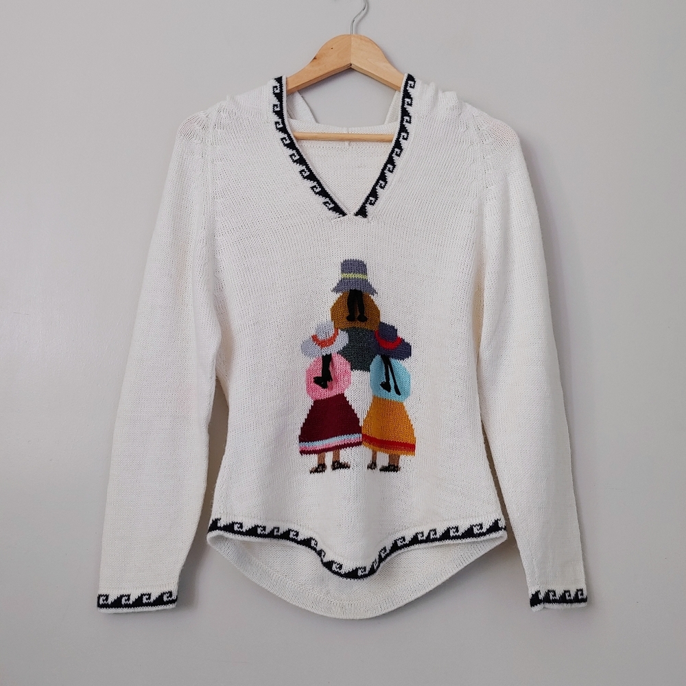 Handmade Alpaca Hooded Knit Sweater Peru Women with Braids Motif Size Small
